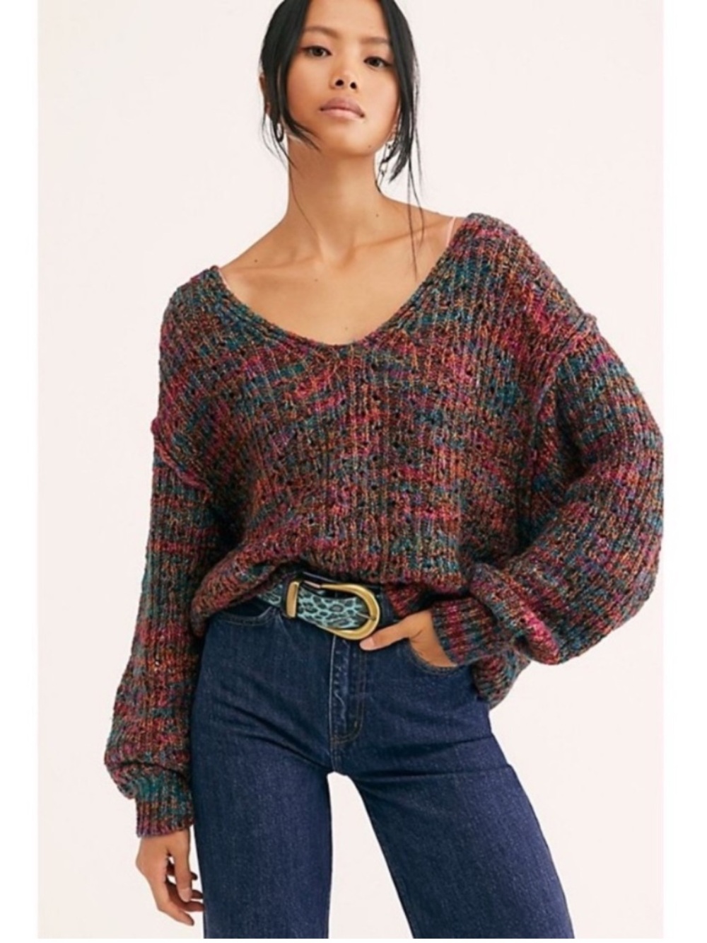 Free People Highland V Sweater Multicolor Chunky Knit Size XL Boho Slouchy